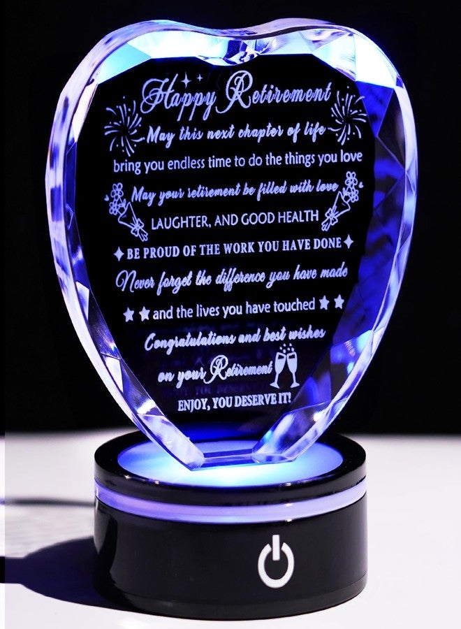 YWHL Retirement Gifts for Women Men Best Happy Retirement Gifts with LED Base Crystal Heart Keepsake Farewell Retired Plaque Gift Idea for Retiree Friends Boss Teacher Coworker Nurse - Image 1